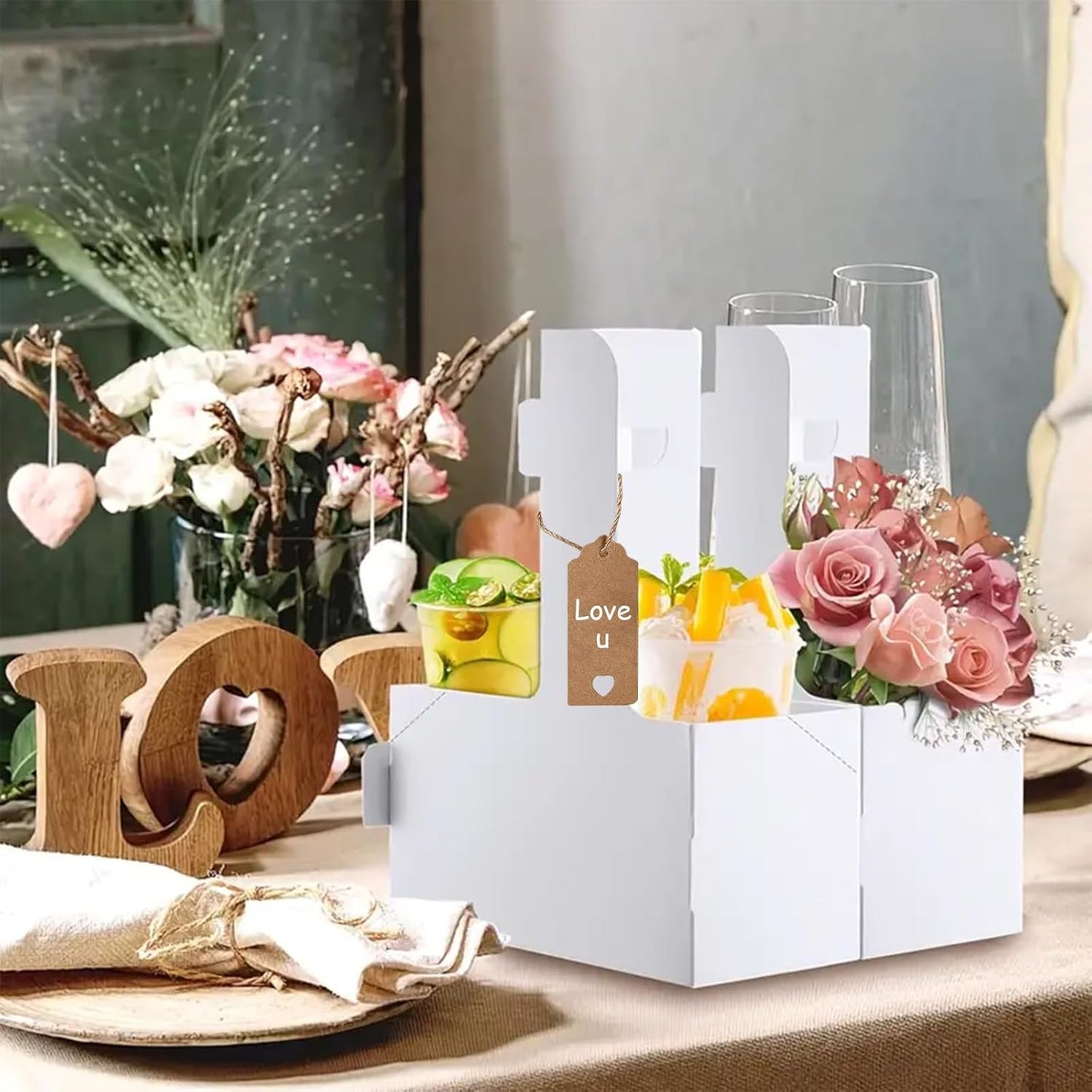 10 Pack 2 Cup Disposable Drink Carrier with Handle Paperboard Coffee Cup Holder Portable for Hot Cold Drinks Food Delivery Services with Heart Card for Teacher Appreciation Week Mother's Day