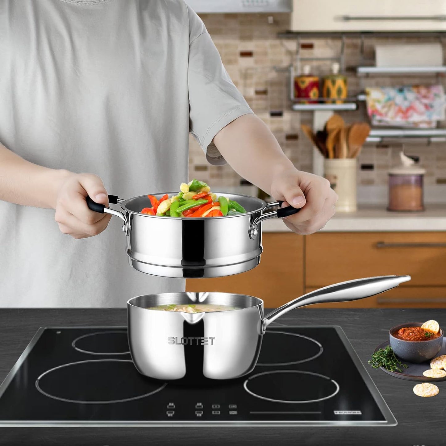 3.5 Quart Stainless Steel Saucepan with Steamer, Tri-Ply Full Body Small Multipurpose Pot with Pour Spout,Strainer Glass Lid, 3 Qt Sauce Pan for Cooking with Stay-cool Handle.