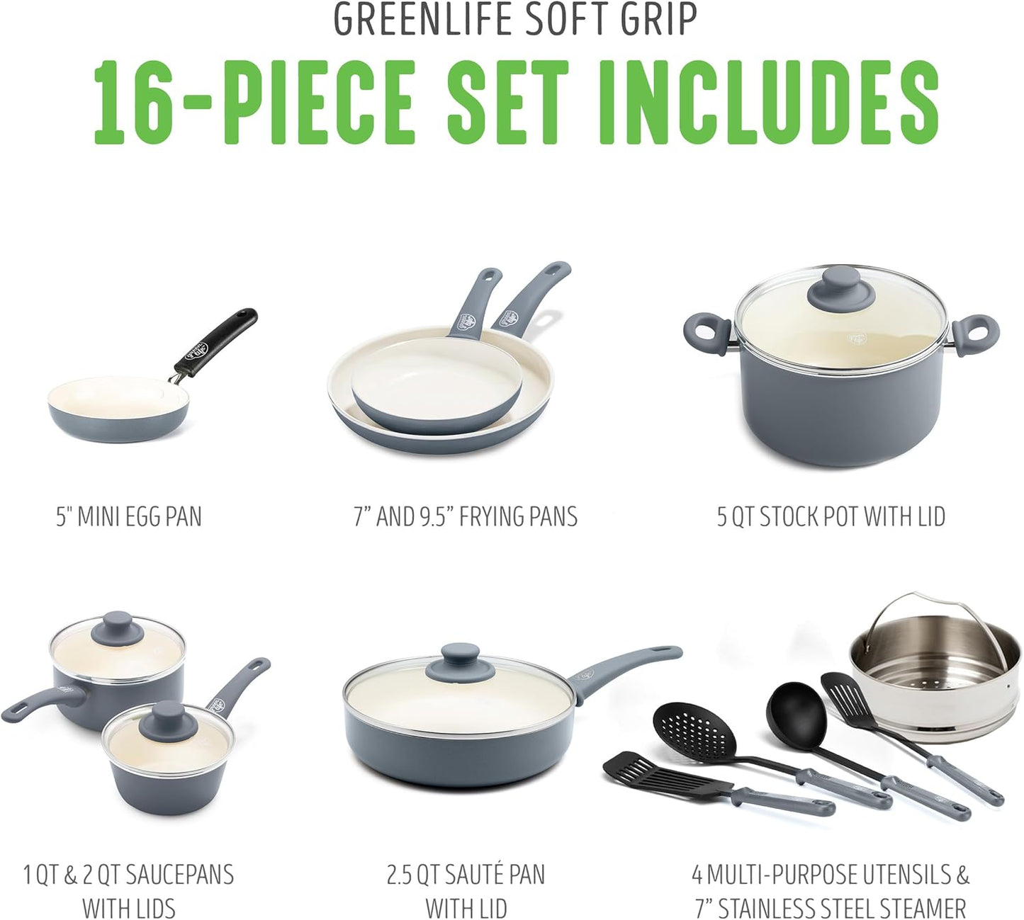 GreenLife 16 Piece Nonstick Cookware Set, Soft Grip Non-Toxic PFAS-Free Ceramic Pots & Pans, Dishwasher & Oven Safe, Frying, Sauce, Saute, Utensils, Glass Lids, Stay-Cool Handles, Wobble Free, Gray
