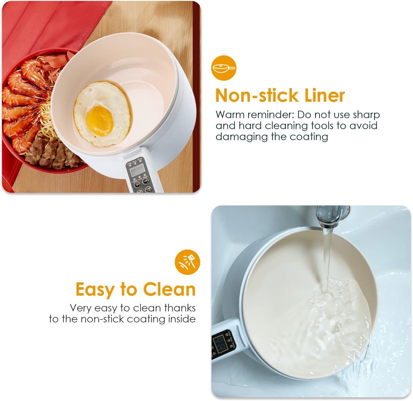 Electric Hot Pot,1.8L Electric Cooker Steamer, Multifunctional Non-stick Pan,Suitable For Ramen, Steak, Egg,Rice, Oatmeal, Soup Smart Button, Gold