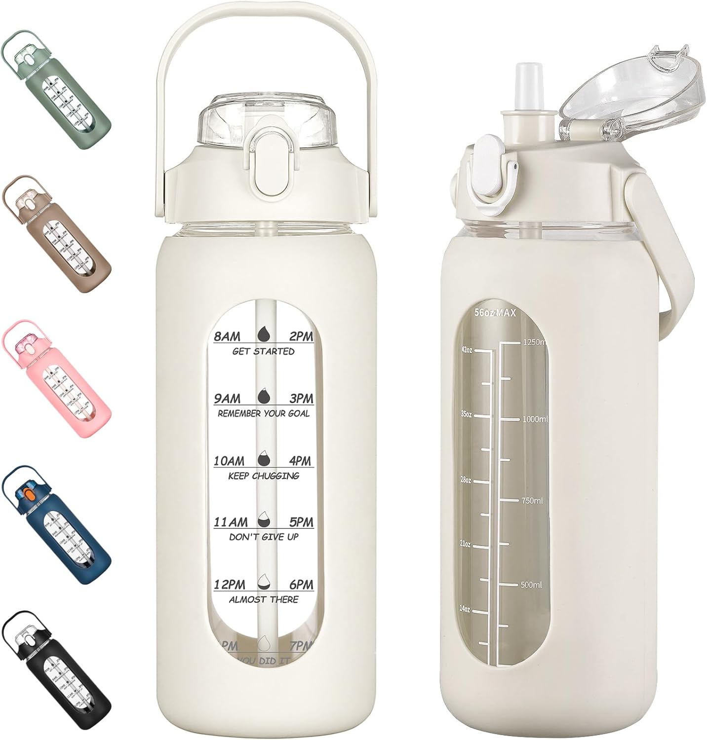 kytffu 56oz Glass Water Bottles with Straw, Motivational Glass Bottle with Silicone Sleeve and Time Marker, Leakproof Large Glass Water Jug for Gym Home Office,White