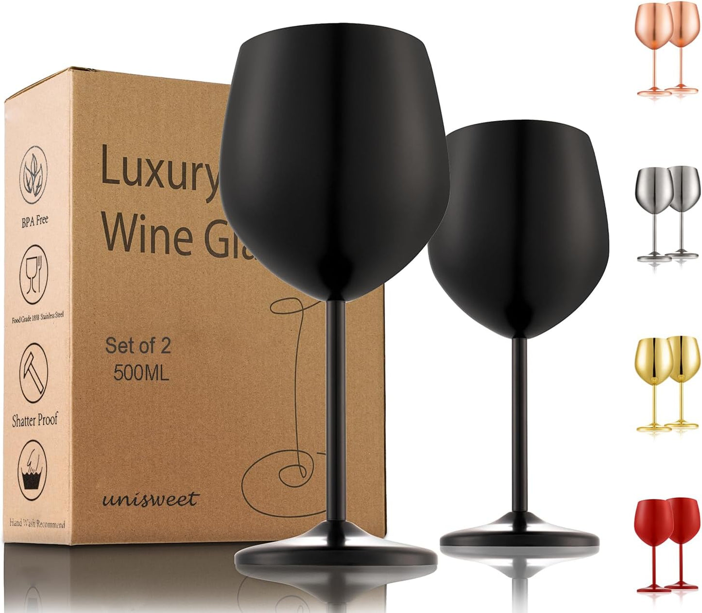 Stainless Steel Wine Glasses Set of 2, 18 oz Unbreakable Black Wine Glass Unique Metal Wine Goblets for Outdoor Capming and Pool Gift for Wine Lovers
