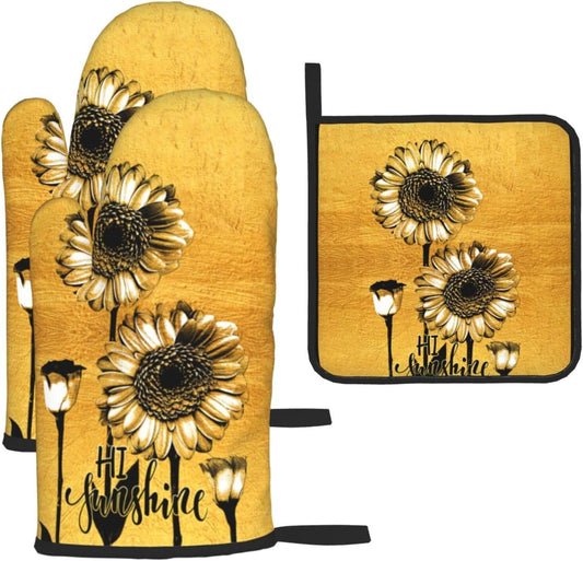 Sunflower Oven Mitts and Pot Holders Sets, Heat Resistant Gold Kitchen Oven Glove for Kitchen BBQ Baking Grilling Cooking, Sunflower Gifts for Women Cooks Bakers Cooking Lover