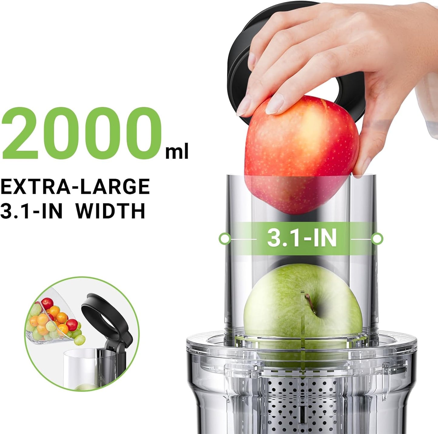 AMZCHEF Cold Press Juicer, 3.1" Juicer Machines with Large Feed Chute for Whole Fruits & Vegetables, Stainless Steel Juice Extractor with Large Auger, Dual Strainers, Easy Cleanup & Assembly