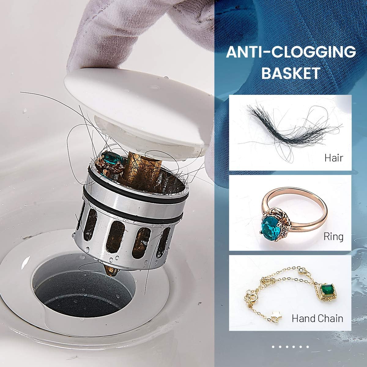 Pop Up Drain, Bathroom Faucet Vessel Vanity Sink Drain Stopper, Built-in Anti-Clogging Strainer, Without Overflow White,Fits Standard American Drain Hole(1-1/2" to 1-3/4") RWF082E