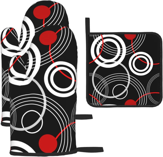 Modern Black Red Retro Oven Mitts and Pot Holders Sets of 3 Abstract Modern Hot Pads Heat Resistant Non Slip Washable for Cooking Grilling Baking BBQ Kitchen Decor