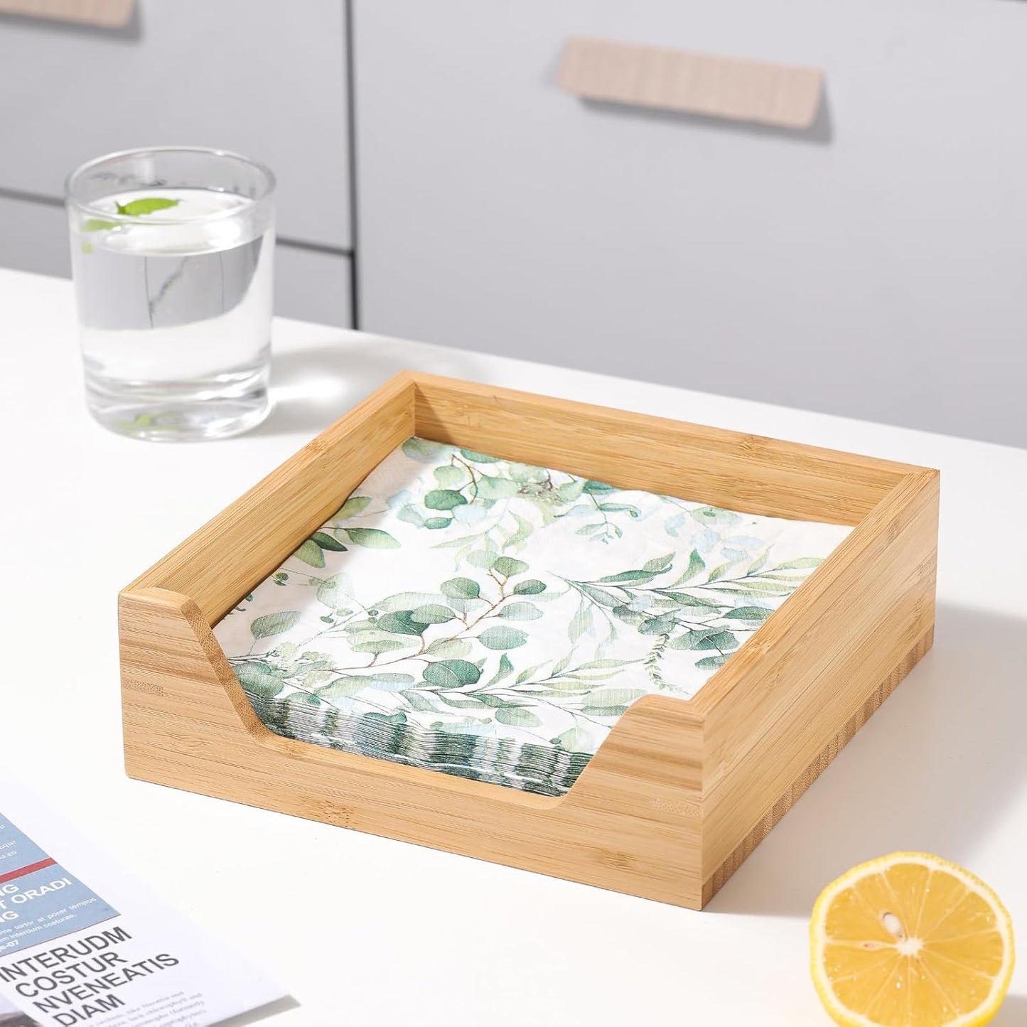 Bamboo Napkin Holder, 7.36" x 7.36" x 2.36" Napkin Holder for Table with Large Side Opening for Easy Access, Large Storage Square Napkin Dispenser, Home Kitchen Dining Tabletop Decor