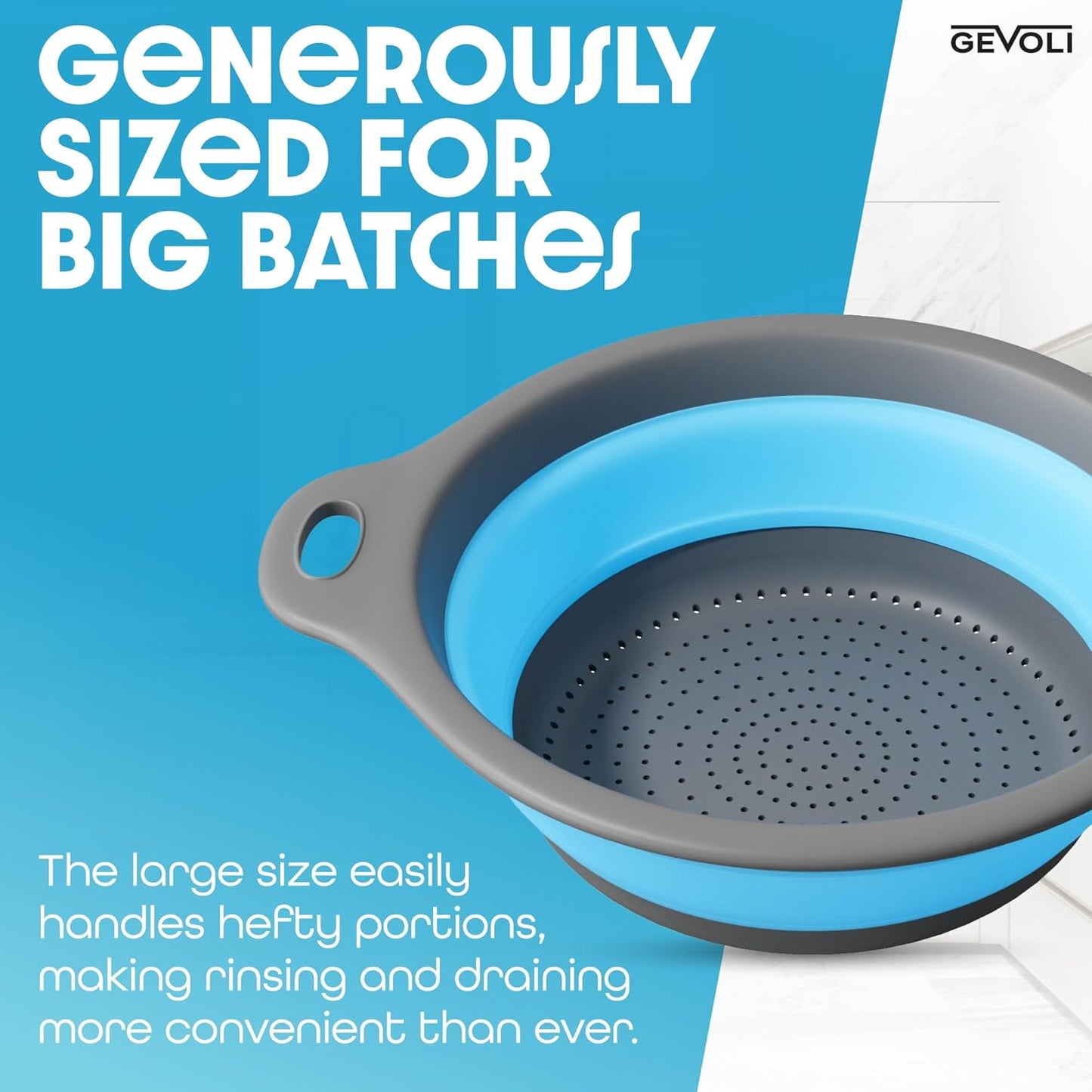 Strainer with Self-Draining Base (5QT) Over-Sink Collapsible Kitchen Colander Set with Side-drain Base for Pasta Vegetables and Fruit, XL Large Capacity, Dishwasher Safe (5-Quart) Blue/Gray