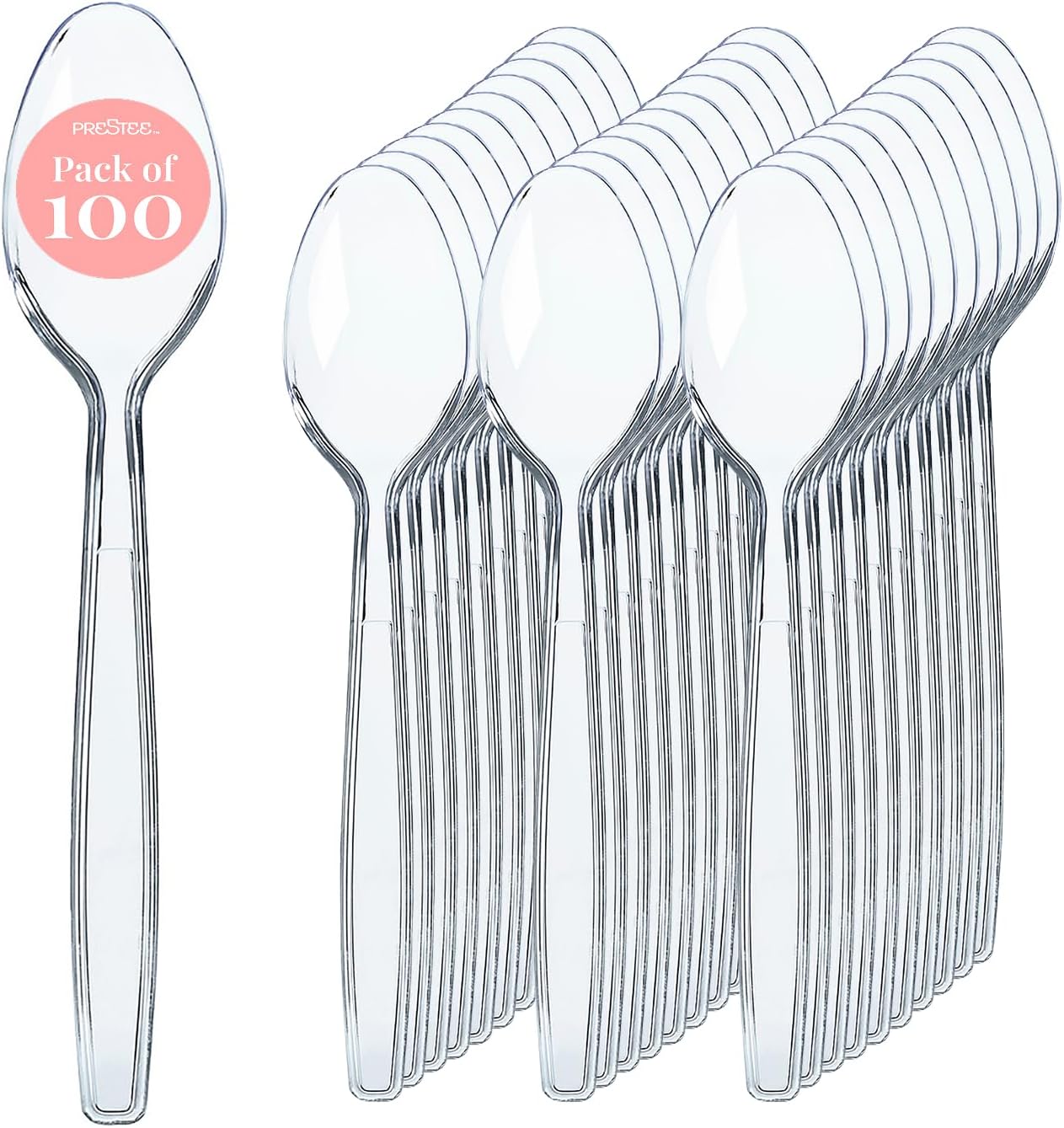 Prestee 100 Clear Plastic Spoons Bulk - Durable Disposable Plastic Silverware Spoons - Heat-Resistant Spoon Cutlery - Heavy Duty Flatware Pack - Disposable Silverware Utensil Set for Hot and Cold Food