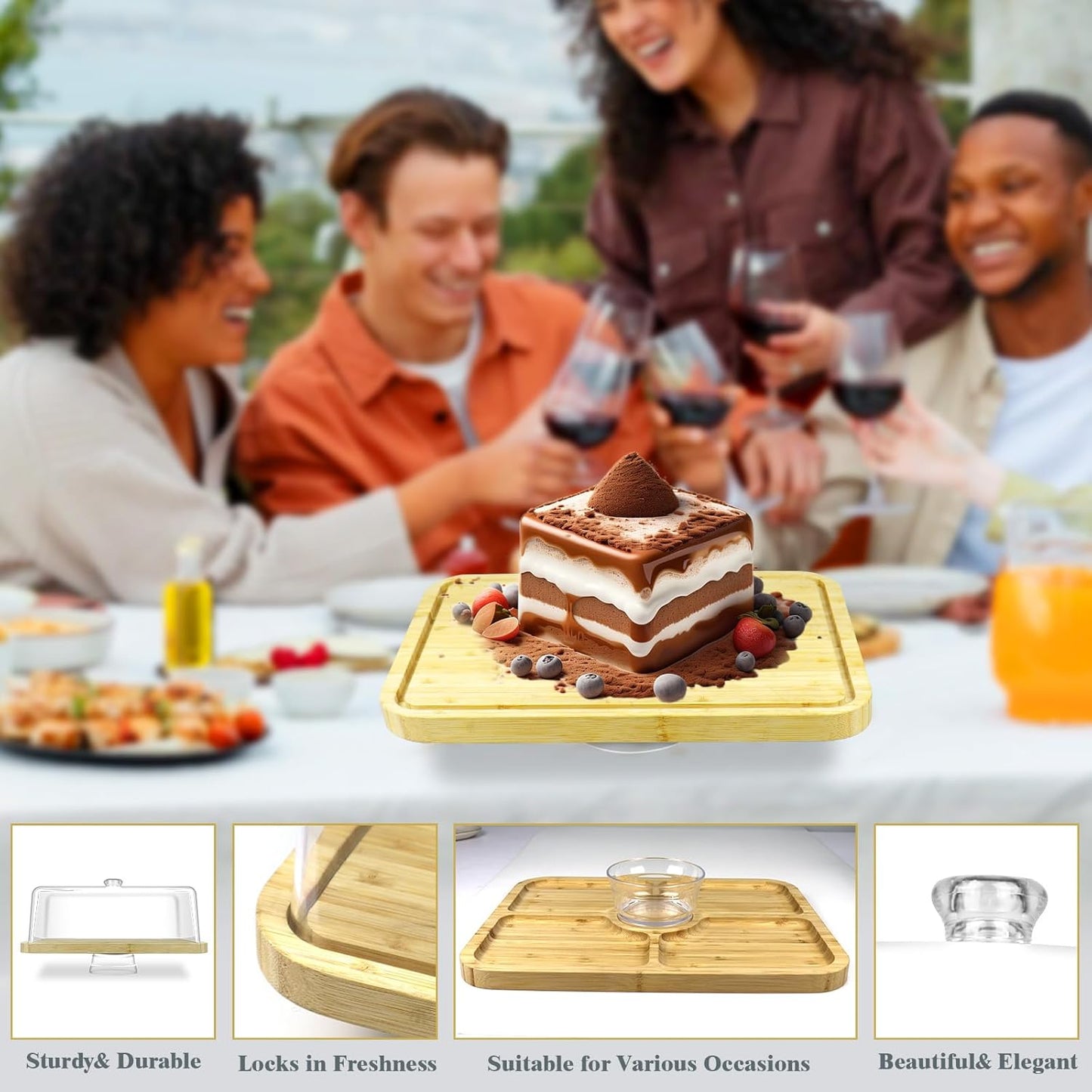 Cutesun Bamboo Wood Cake Stand with Lid - Rectangular Cake Holder, 16'' 2-in-1 Dessert Table Display Set & Charcuterie Board for Cheese, Chips, Fruit Platter, Large/big Acrylic Cake Dome Cover, Natural