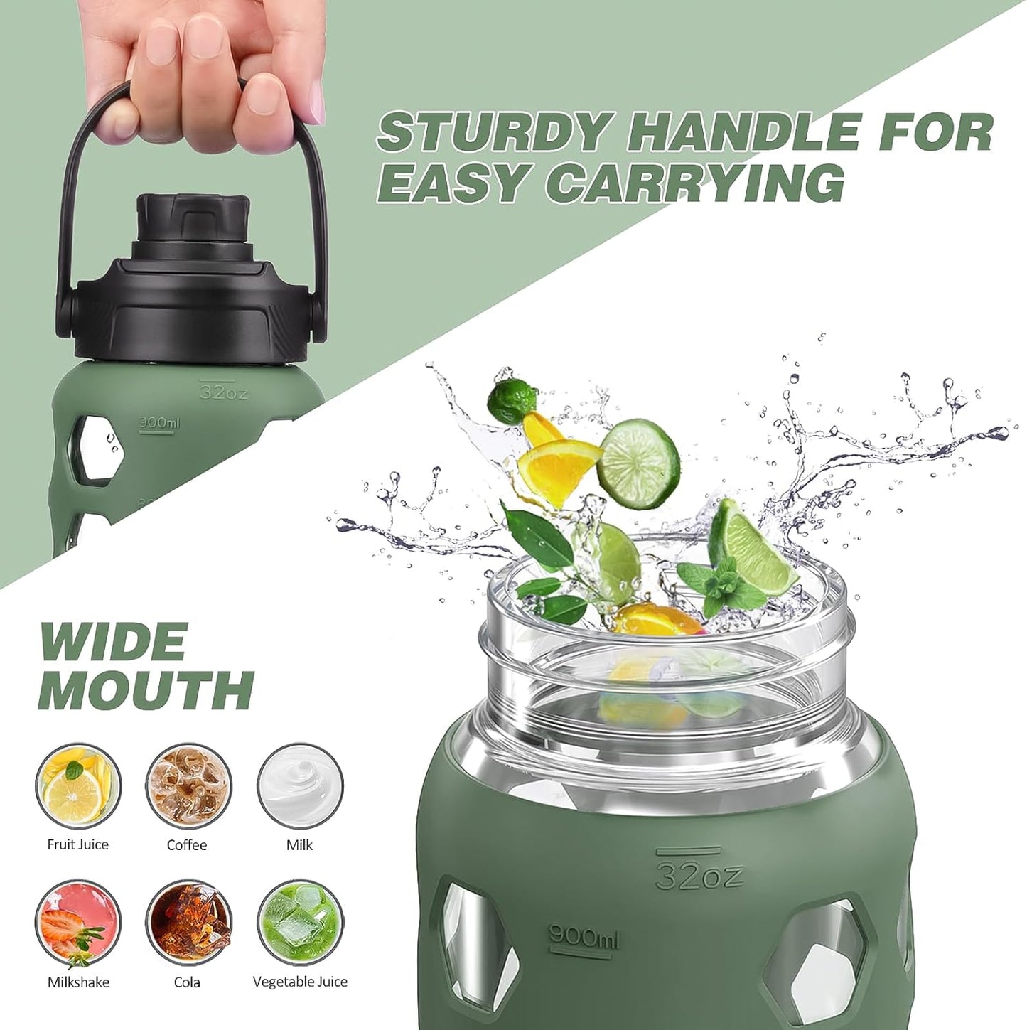 MUKOKO Glass Water Bottles, 32oz Glass Tumbler with Straw, Drinking Bottles with 2 Lids-Handle Spout Lid&Bamboo Straw Lid, Motivational Water Bottle with Time Marker and Silicone Sleeve, 1 Pack-Olive