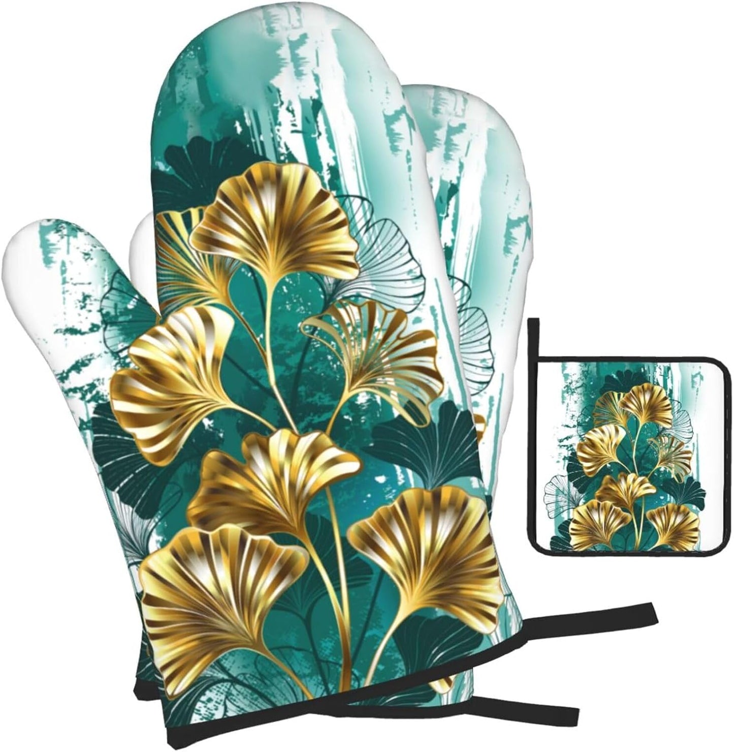 Teal Gold Green Leaves Oven Mitts and Pot Holders Set Heat Resistant Non Slip Set of 3 Decorative Kitchen Gloves Hot Pads for Cooking BBQ Baking Grilling