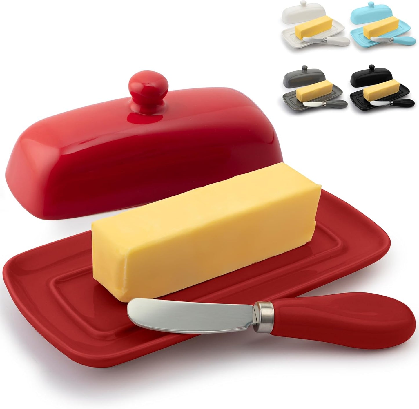 Zulay Butter Dish With Lid For Countertop - Porcelain White, Ceramic Butter Dish with Knob Handle Great for Cooking - Elegant Design Butter Holder - Durable & Sturdy Butter Keeper - Red