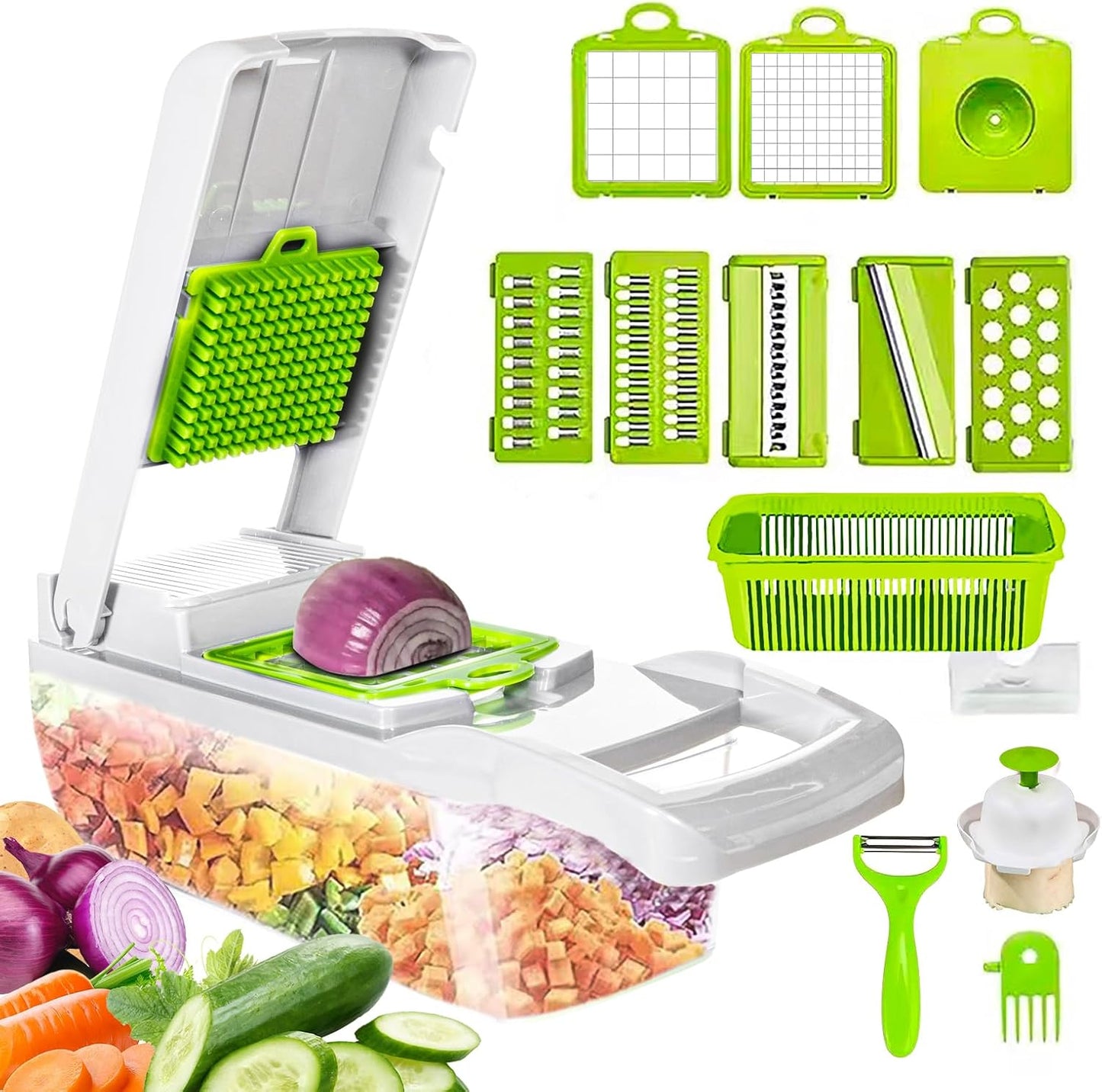Vegetable Chopper Cutter Slicer Multifunctional 14-in-1 Food Veggie Salad Onion Chopper Cutter Dicer with Container, 8 Interchangable Blades, Hand Protector, Drain Strainer, Peeler, Brush