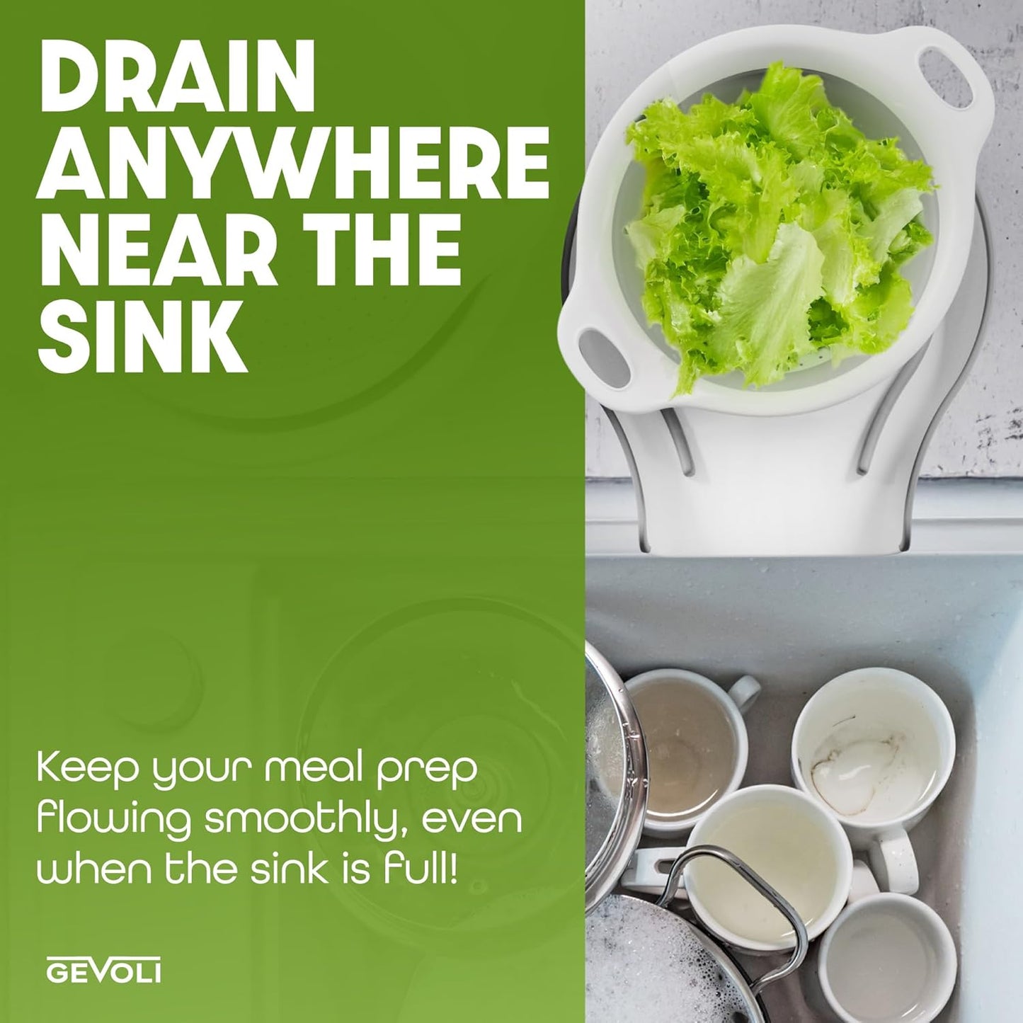 Collapsible Colanders (2 Pack Set) Food Strainers with Over-Sink Water Draining Base for Pasta Fruits and Vegetables (4 and 5 Quart) - White Gray