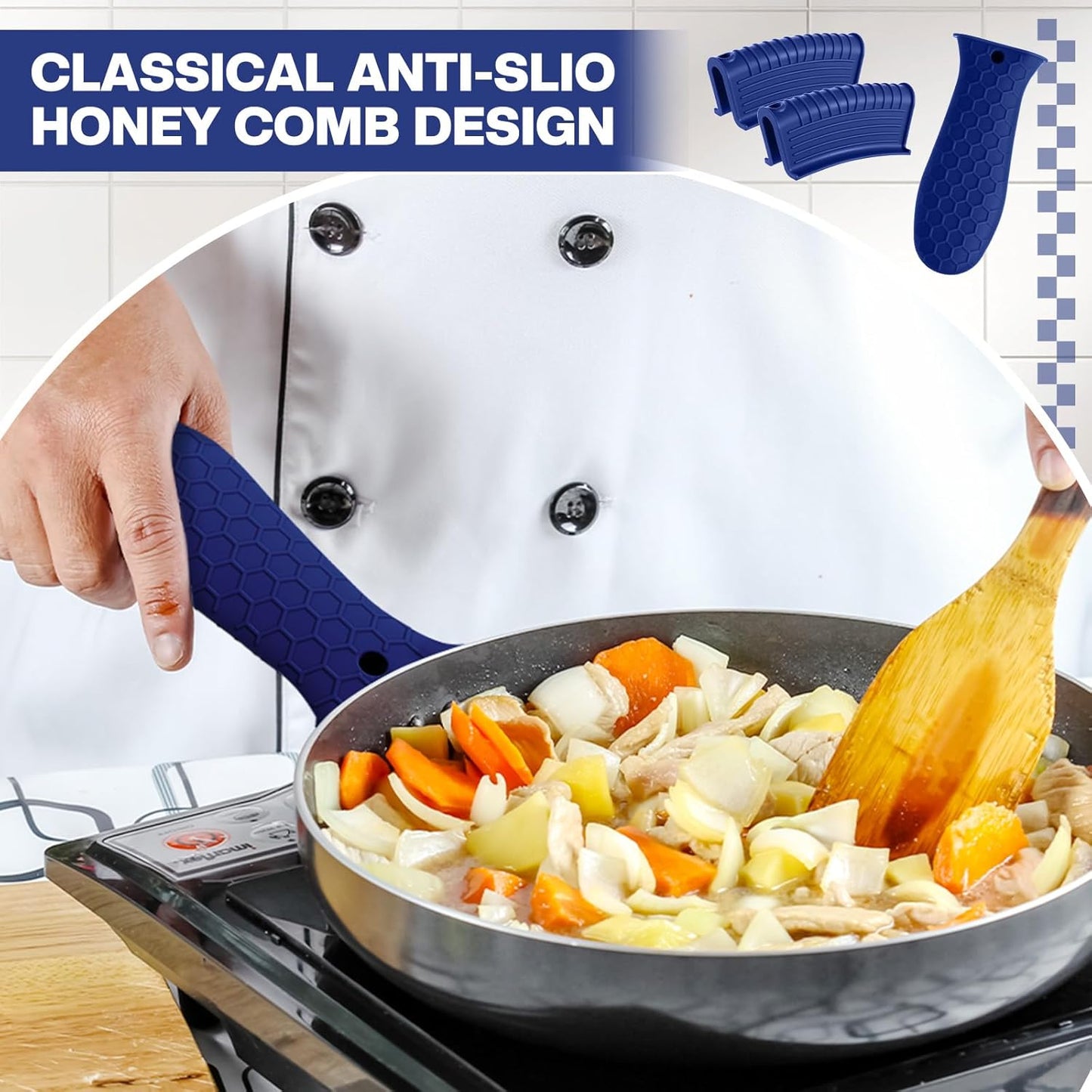 Patelai 8 Pcs Silicone Pot Holders Set Cast Iron Handle Cover Heat Resistant Pot Handle Covers Potholder Non Slip Reusable Pan Sleeve for Frying Pan Kitchen Supplies (Navy Blue)