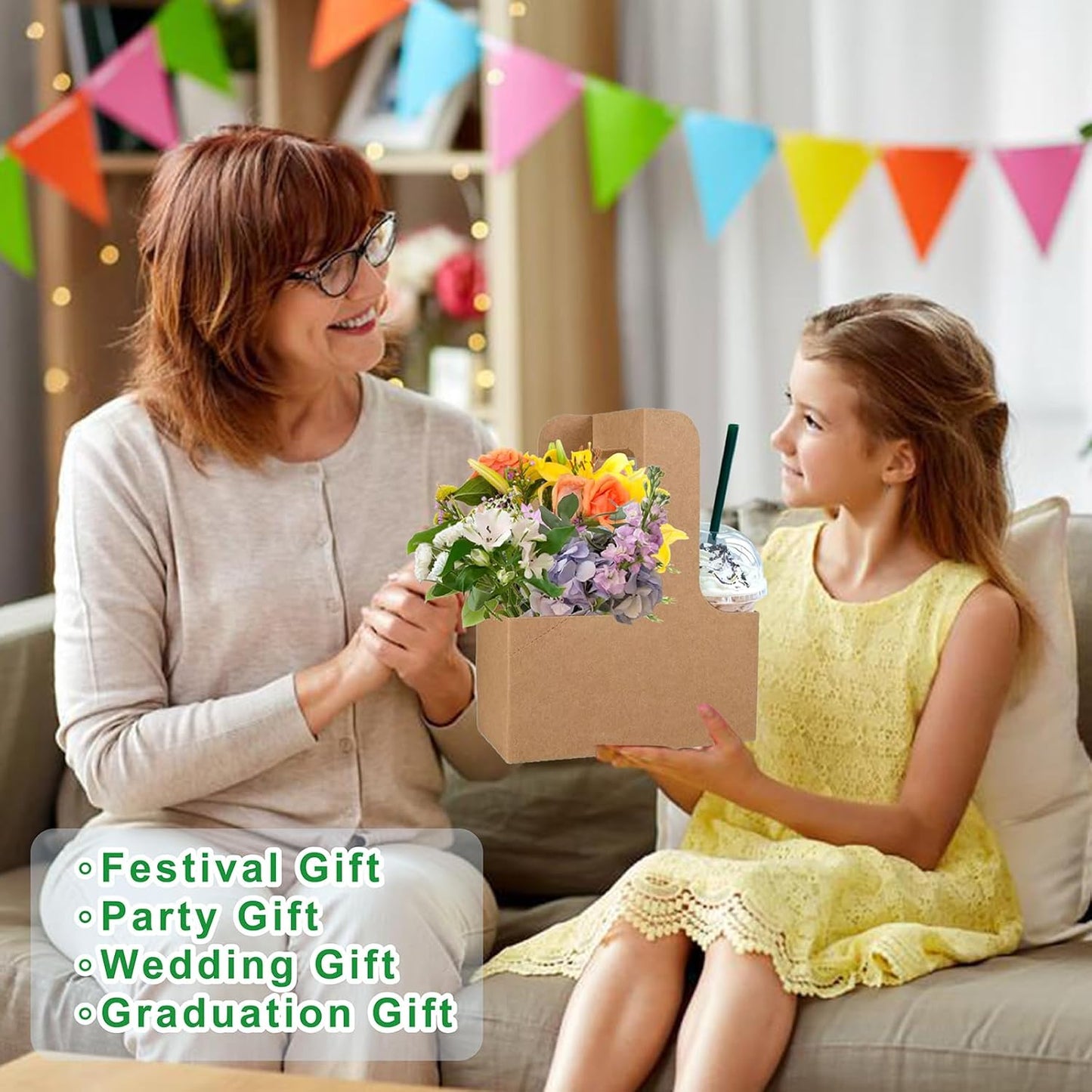 50PCS 2 Cup Disposable Drink Carrier with Handle, Floral Wrap Packing Gift Box, Portable Take Out Cup Carriers for Delivery Coffee Beverage, Kraft Paperboard Cup Holder for Hot or Cold Drinks