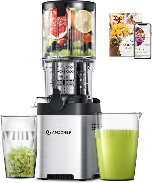 AMZCHEF Cold Press Juicer, 5.4" Juicer Machines with Large Feed Chute for Whole Fruits & Vegetables, Stainless Steel Juice Extractor with Large Auger, Triple Strainers, Easy Cleanup & Assembly
