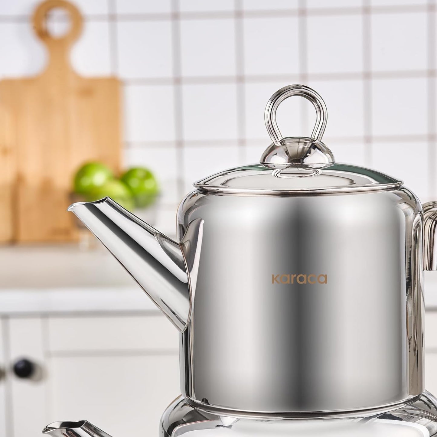 Karaca New Mani Turkish Tea Set for Stovetop, Induction Base Stainless Steel Tea Maker (1L Teapot & 2L Tea Kettle), Dishwasher Safe, Non-Burning Handles Samovar Style