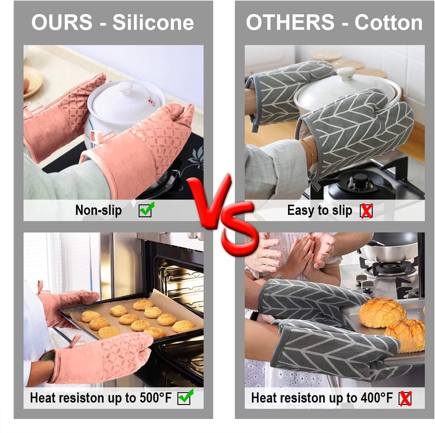 KEGOUU Oven Mitts and Pot Holders 6pcs Set, Kitchen Oven Glove High Heat Resistant 500 Degree Extra Long Oven Mitts and Potholder with Non-Slip Silicone Surface for Cooking (Pink)