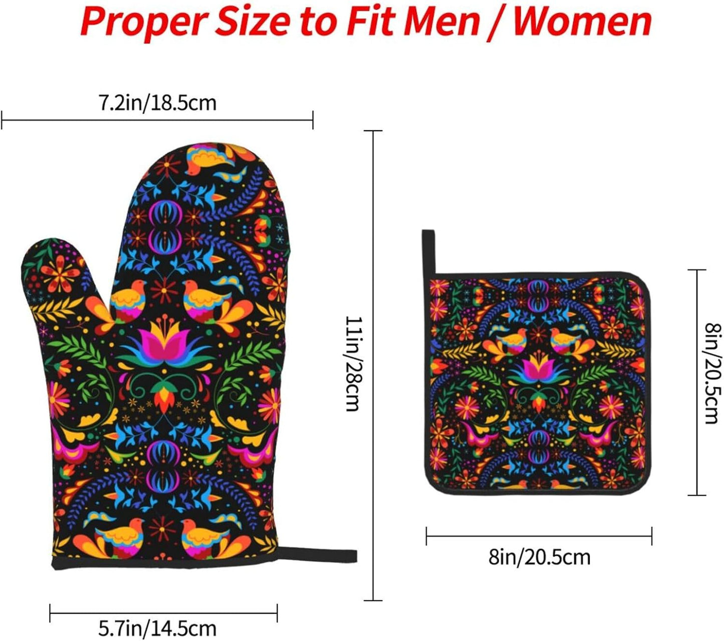 Mexican Floral Oven Mitts and Pot Holders Sets of 3 Heat Resistant Mexican Flower Hot Pads Oven Gloves for Kitchen Cooking BBQ Baking, Black