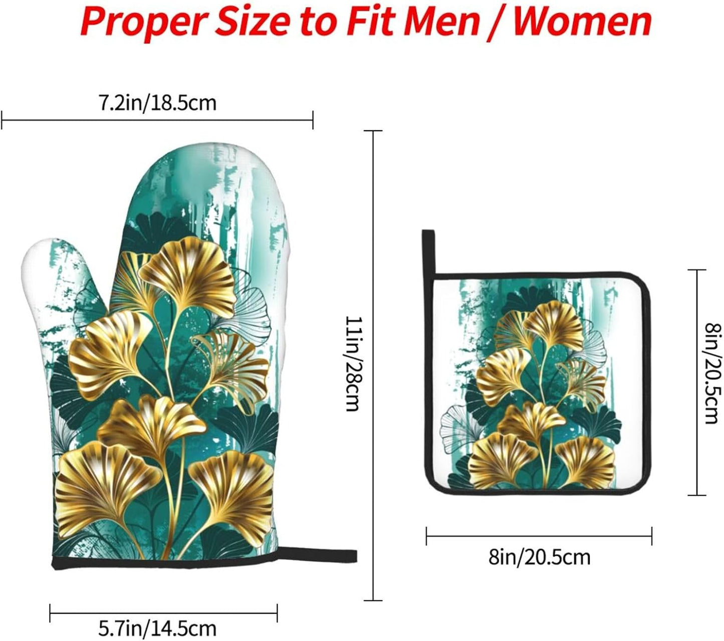 Teal Gold Green Leaves Oven Mitts and Pot Holders Set Heat Resistant Non Slip Set of 3 Decorative Kitchen Gloves Hot Pads for Cooking BBQ Baking Grilling