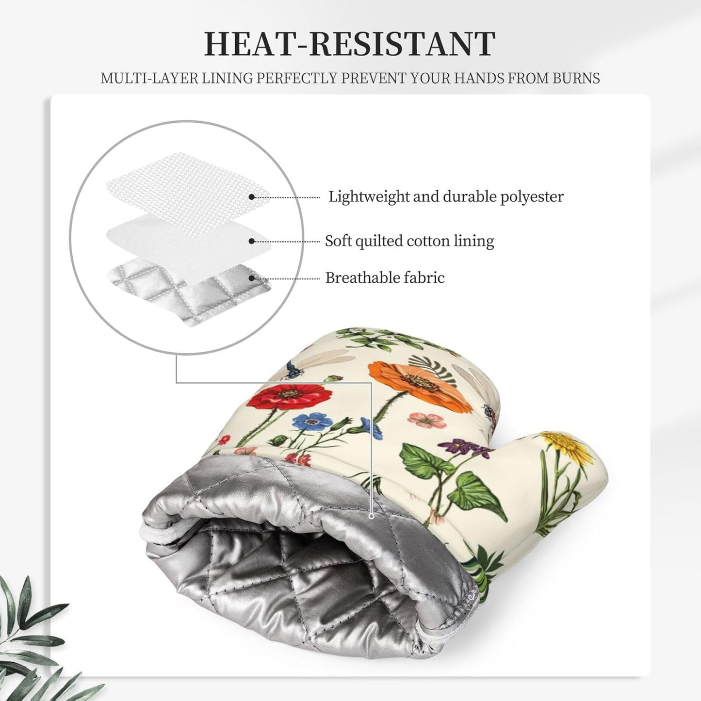 Vintage Floral Dragonfly Oven Mitts and Pot Holders 4 pcs Set Silicone Kitchen Spring Butterfly Leaves Oven Mitt Gloves Pot Holders Non-Slip Heat Resistant Cooking Mitts Set for Kitchen Baking