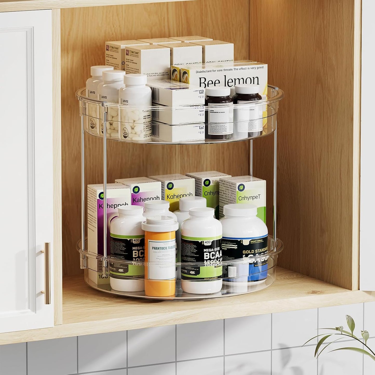 LAMU 2 Pack 2 Tier Lazy Susan Turntable Organizer 12inch Rotating Spice Rack Organization for Cabinet, Kitchen, Pantry, Countertop, Bathroom, Vanity, Medicine Cabinet Organizer, Clear