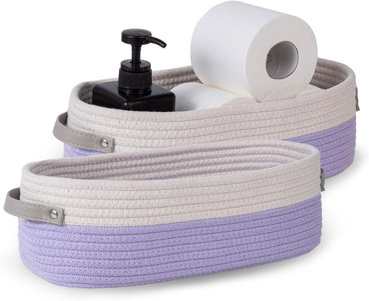 2 Pack Small Cotton Rope Woven Basket Toilet Paper Baskets for Organizing Decorative Baskets for Boho Decor Small Storage Basket 13"x5.9"x4" Purple
