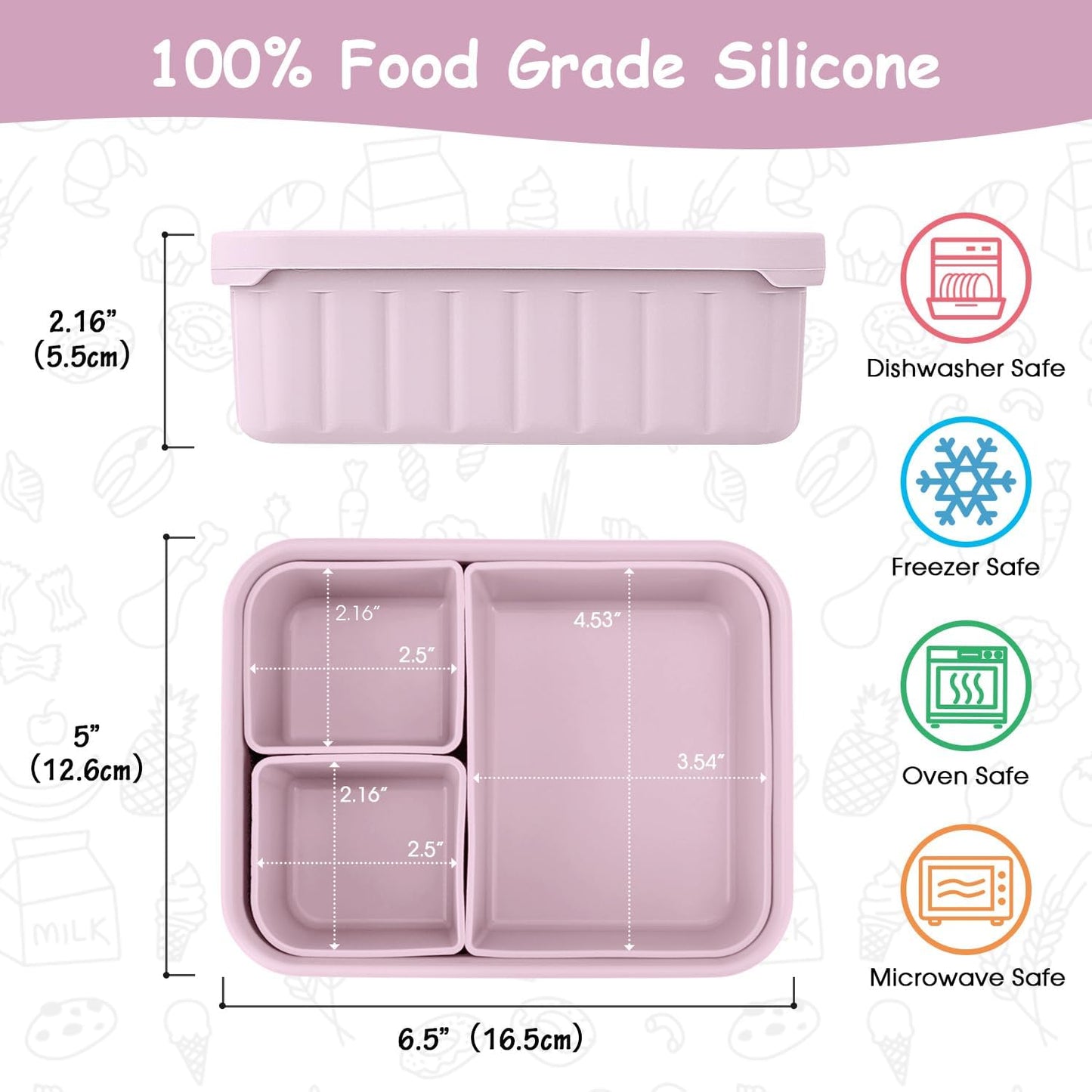Bento Lunch Box for Kids-Reusable Silicone Kids Bento Box Lunch Container Leakproof Lunchbox Meal Prep Food Storage Containers with 3 Removable Compartments–Dishwasher Safe/BPA Free/Portion Control