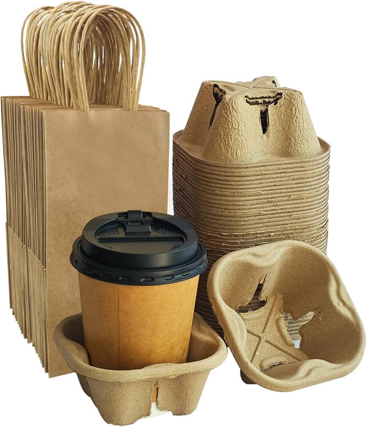 Take-Out Paper Bags And One Drink Paper Trays 100 Pack One Cup Carrier Tray Coffee Cup Holder Disposable Cup Holder Tray,Brown Baper Bags With Handles Bulk (One-cup size)