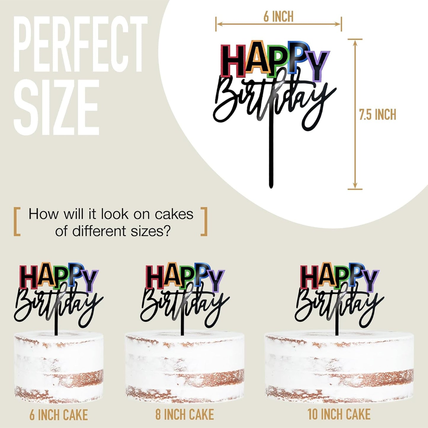 Acrylic Black Happy Birthday Cake Topper, 7.5" x 6" Rainbow Birthday Cake Decoration (Black)