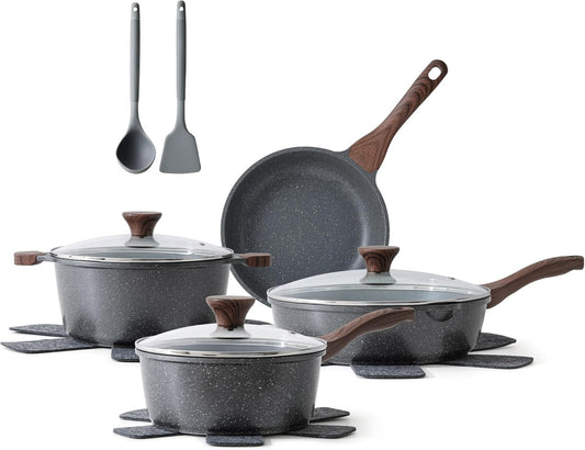 SENSARTE Nonstick Cookware Set 13-Piece, Non Stick Pots and Pans Set with Swiss Granite Coating, Healthy Kitchen Cooking Set, Stay-Cool Handles, PFOA Free