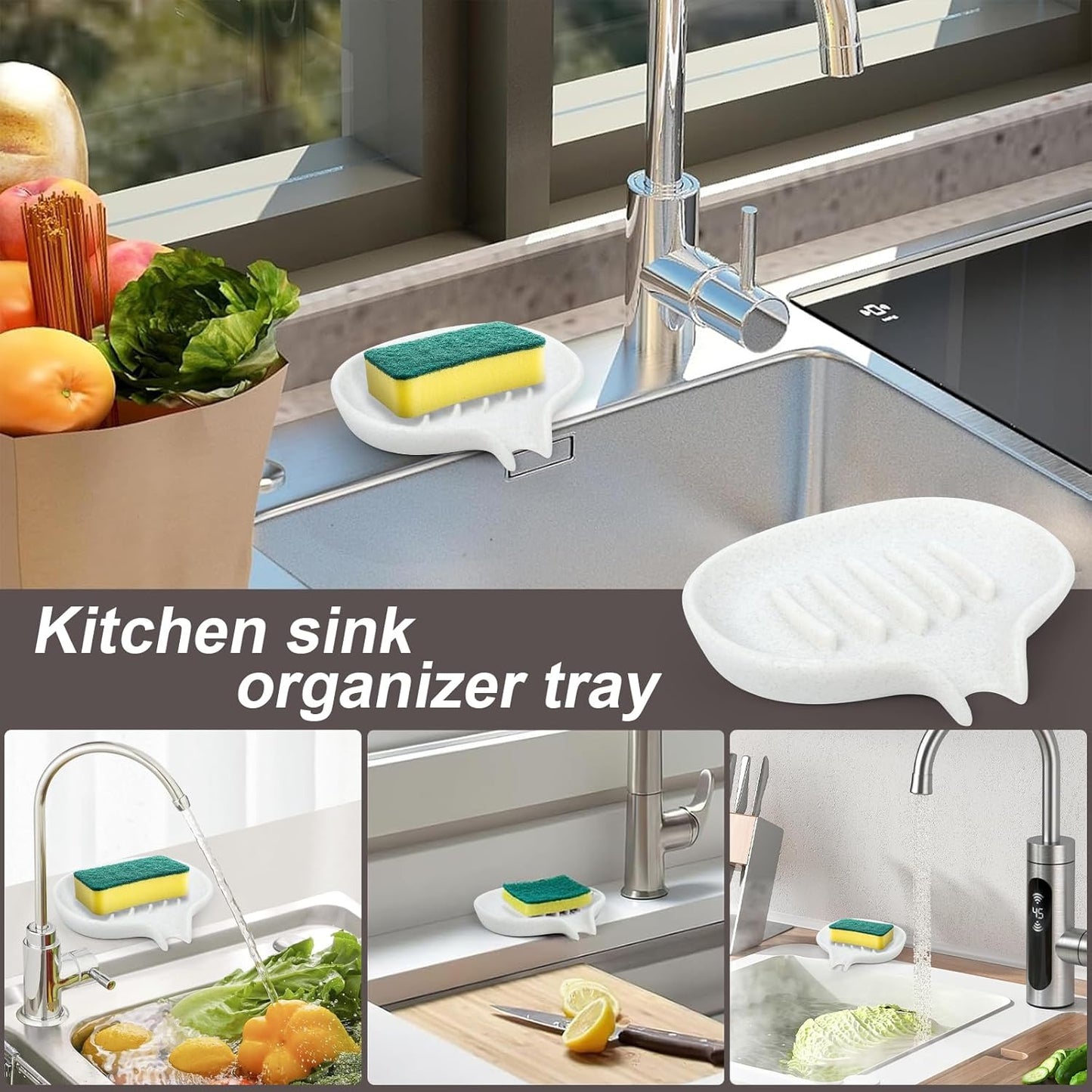 Soap Dish with Drain- Self Draining Bar Soap Holder for Shower, Marble Look Soap Savers Soap Tray Sponge Holder for Kitchen, Bathroom, Bathtub Sink, Crystal White