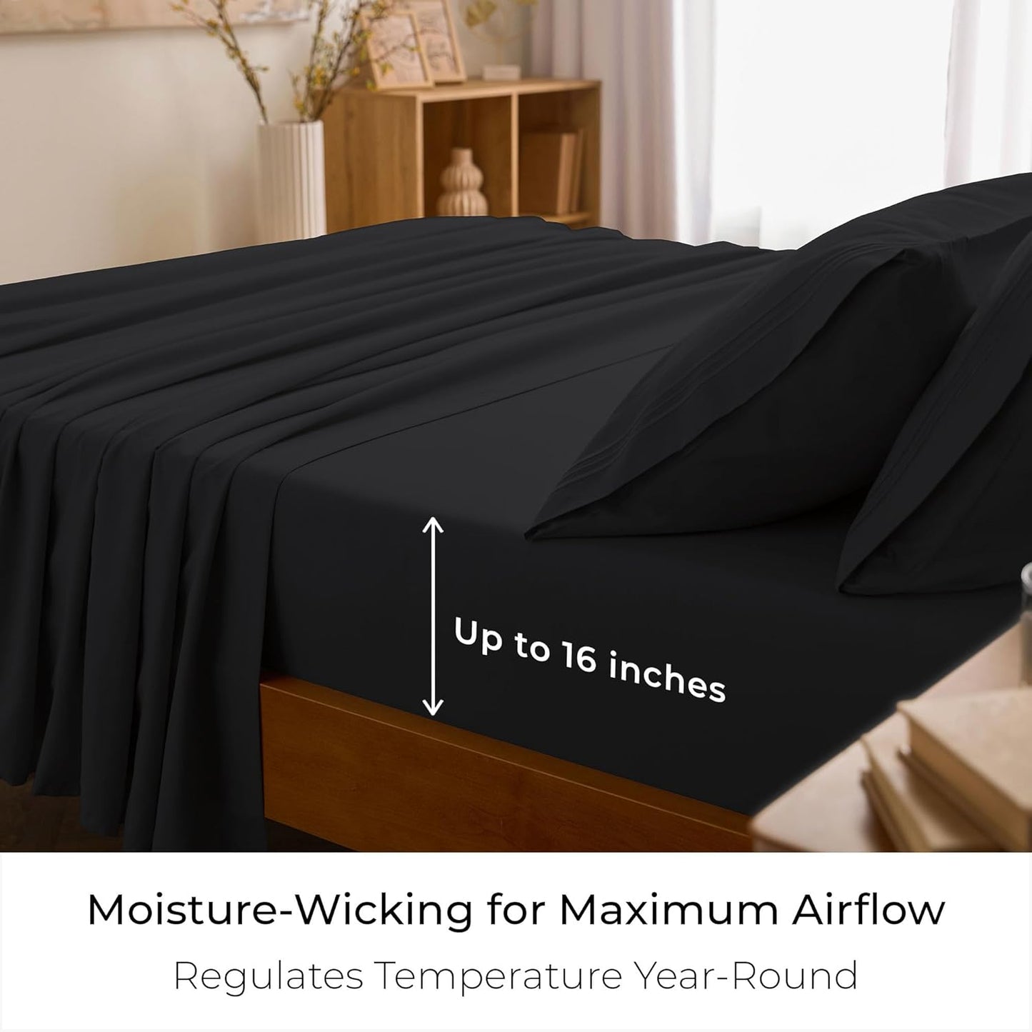 Mellanni Queen Sheets Set - 4 PC Iconic Collection Bedding - Hotel Luxury, Extra Soft, Cooling Bed Sheets - Wrinkle, Fade, Stain Resistant (Queen, Black)