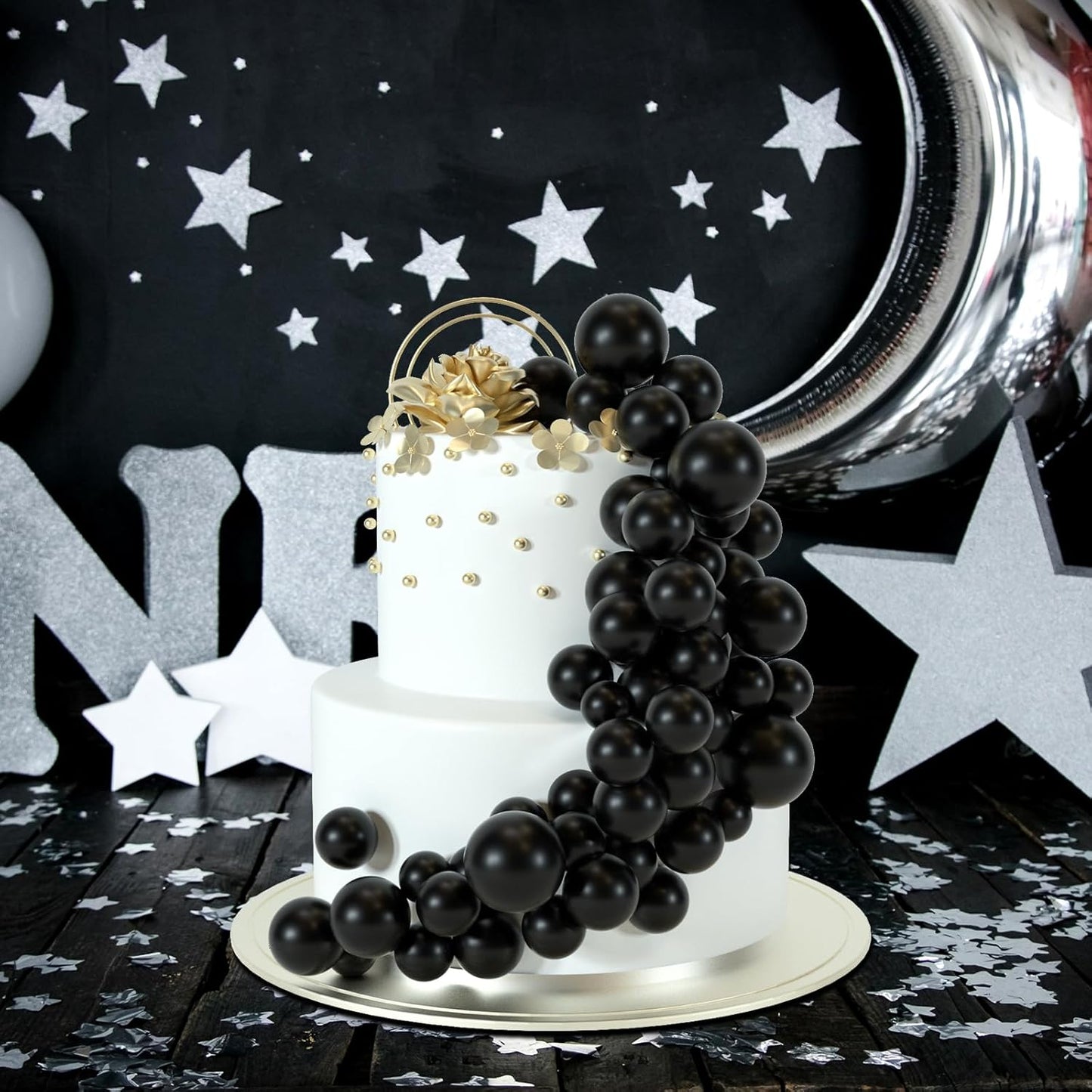 48 Pcs Balls Cake Topper Decorations Balloon Cupcake Toppers Foam Cake Topper Balls Cake Balls Decorations for Birthday Party Wedding Anniversary Cake Decorating (Black)