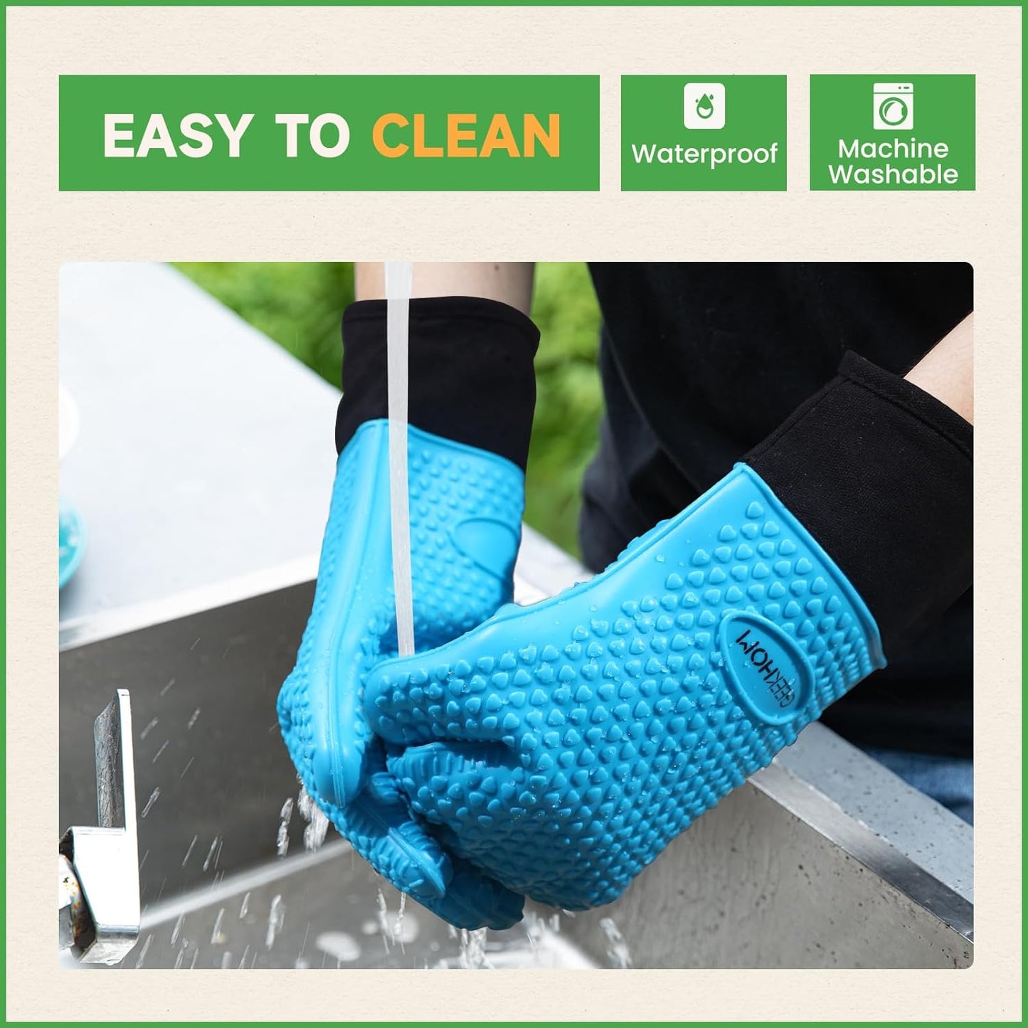 GEEKHOM BBQ Gloves, Grilling Gloves Heat Resistant Oven Gloves, Kitchen Silicone Oven Mitts, Long Waterproof Non-Slip Pot Holder for Barbecue, Cooking, Baking, Aqua Blue