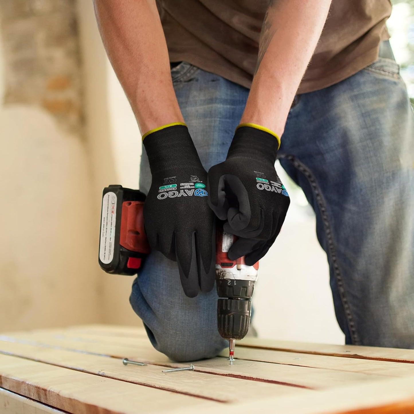 KAYGO Safety Work Gloves MicroFoam Nitrile Coated, 3 Pairs KG18NB,Seamless Knit Nylon Glove with full fingers Touchscreen, Ideal for Automotive,Warehouse,Construction (2XL, Black)