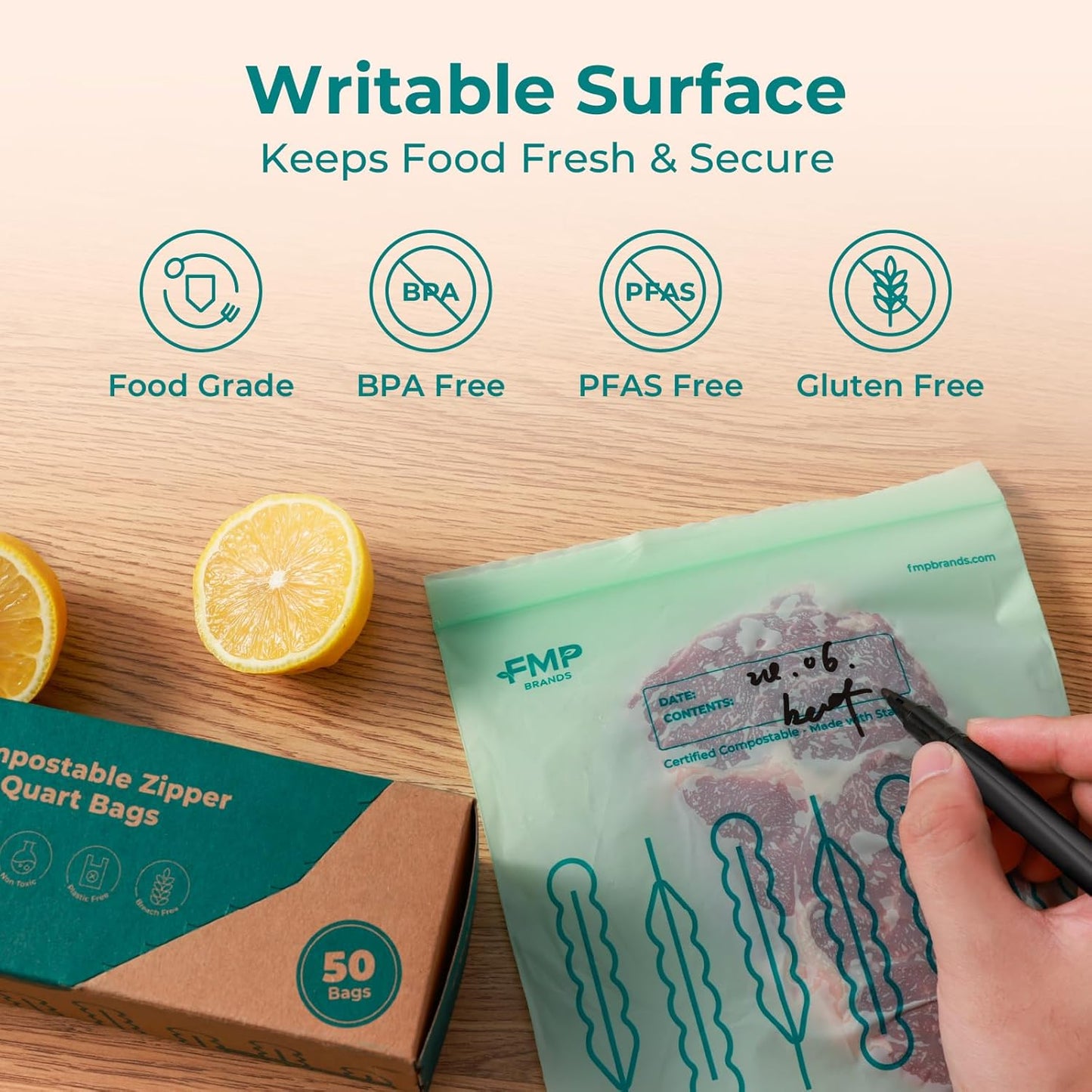 Fit Meal Prep 100% Compostable Food Storage Bags Set, Resealable Bags Plant-Based Freezer Bag for Food, ASTM D6400, US BPI & EU OK Compost Certified