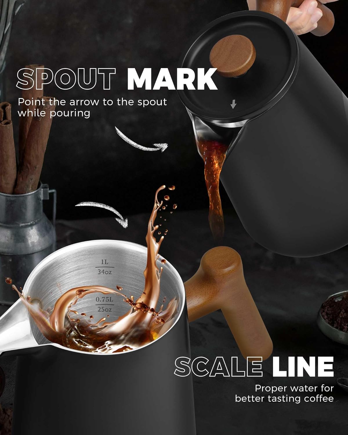 POLIVIAR French Press Coffee Maker, 34 oz Coffee Press with Real Wood Handle, Double Wall Insulation & Dual-Filter Screen, Food Grade Stainless Steel for Good Coffe and Tea, JX2025-XFPB