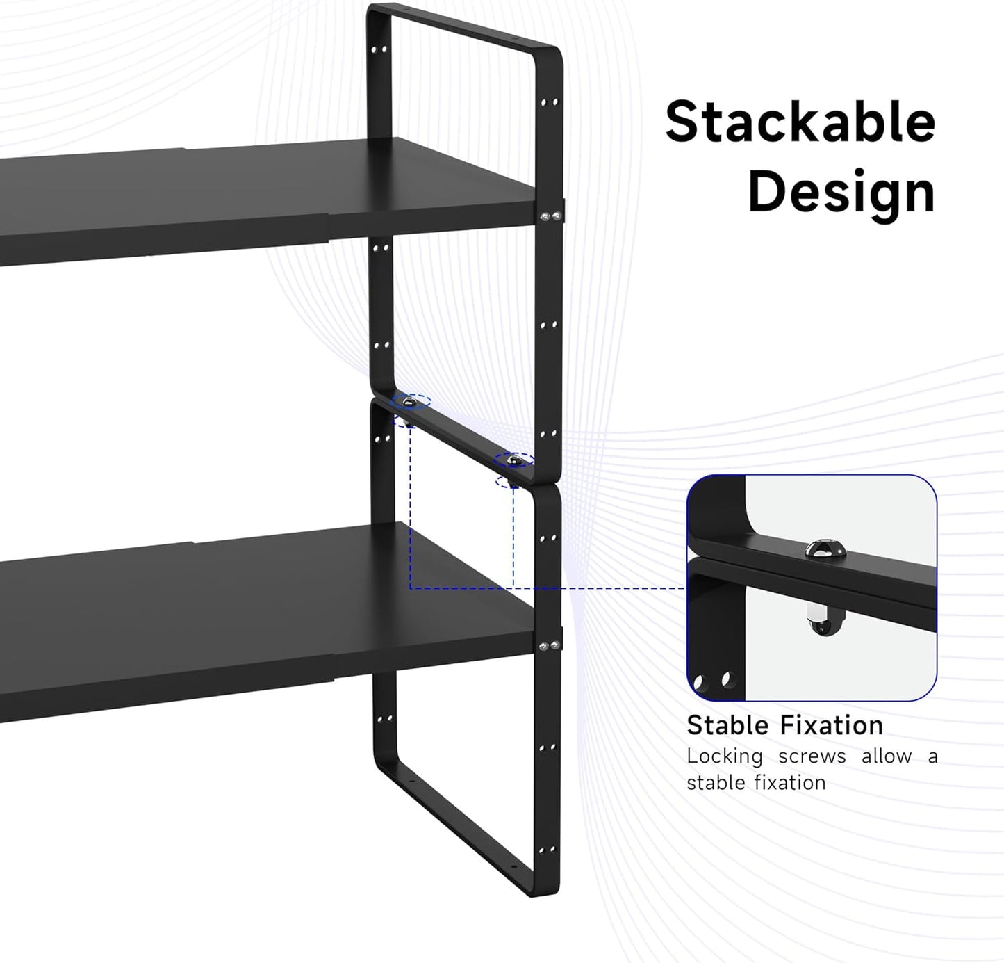 Expandable Cabinet Shelf Organizer, Stackable Kitchen Pantry Counter Storage, Adjustable Cupboard Stand Rack Risers Spice Organization Heavy Duty Black Small 3 Pack