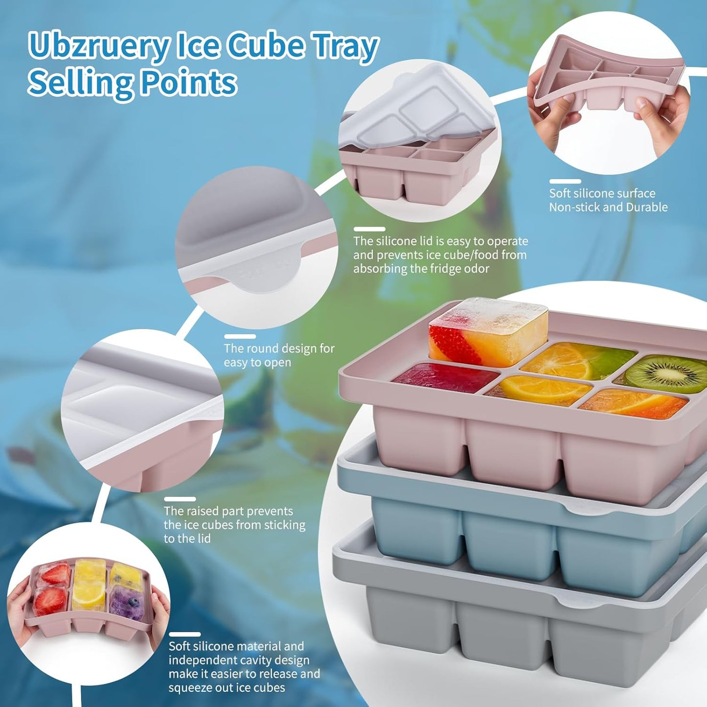 Large Silicone Ice Cube Tray Set of 3, Easy Release 6 Flexible Silicone Ice Cube Molds with Removable Lid, Reusable Freezer Stackable Ice Trays for Whiskey, Baby Food, No Floater, BPA Free