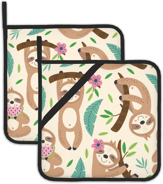 Cute Sloth Pot Holders Set of 2, Kitchen Heat Resistant Potholder for Microwave Cooking Baking Oven End Dishes and BBQ