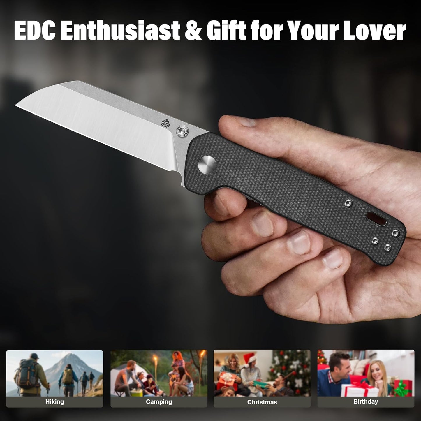 QSP Penguin V2 Folding Pocket Knife, 3.06" D2 Two Tone Finish Stonewash Satin Blade EDC Knife, Dark Brown Micarta Handle, Liner Lock, Ceramic Ball Bearings, Reversible SS Deep Carry Clip