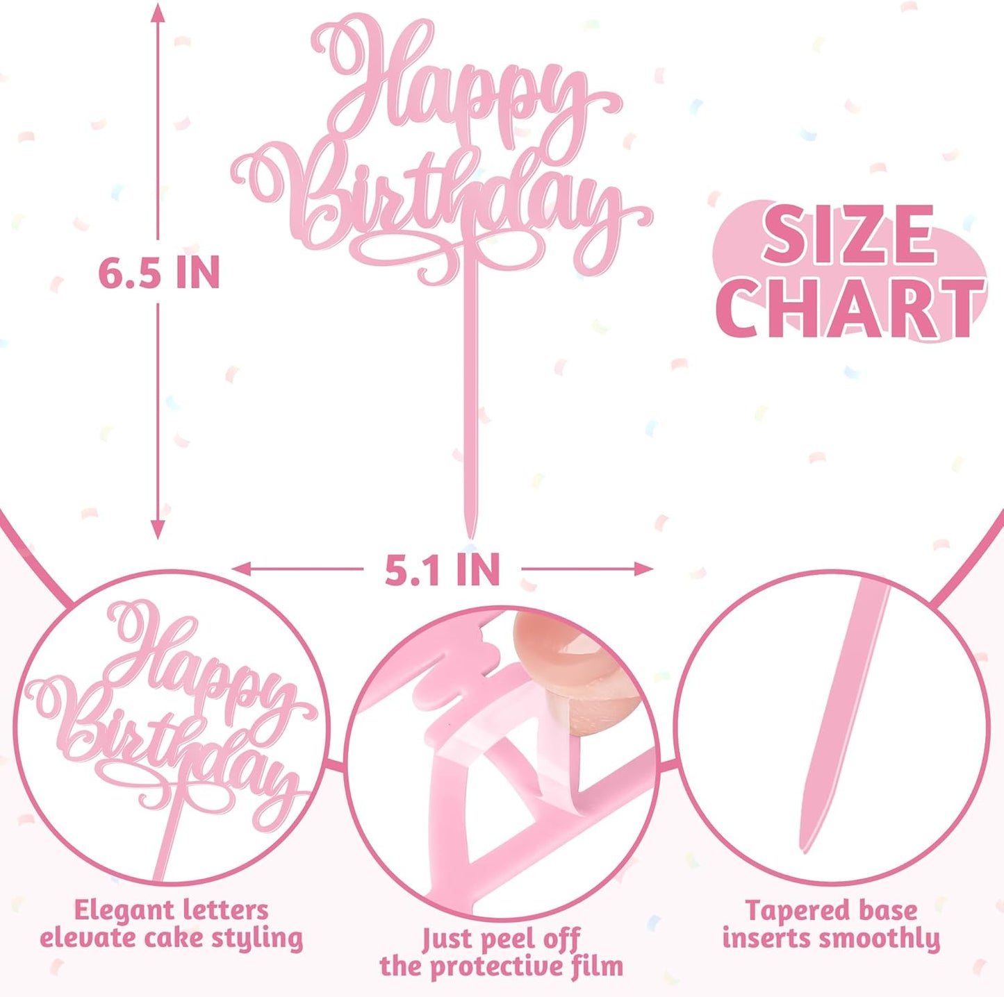 1 PCS Happy Birthday Cake Topper, 5.1 x 6.5 Inches Acrylic Cake Topper, Elegant Pink Happy Birthday Cake Sign, Birthday Cake Decorations for Adult, Kids, DIY Dessert Supplies