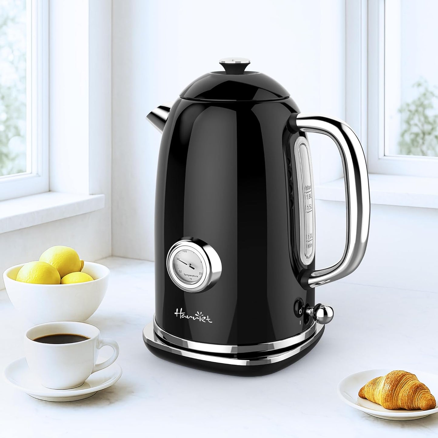 Harriet Electric Kettle, 1.8L Retro Electric Tea Kettle with Thermometer, 1500W Stainless Steel Hot Water Kettle Electric with LED Indicator, Fast Boiling, Cordless, Auto Shut-Off, Black