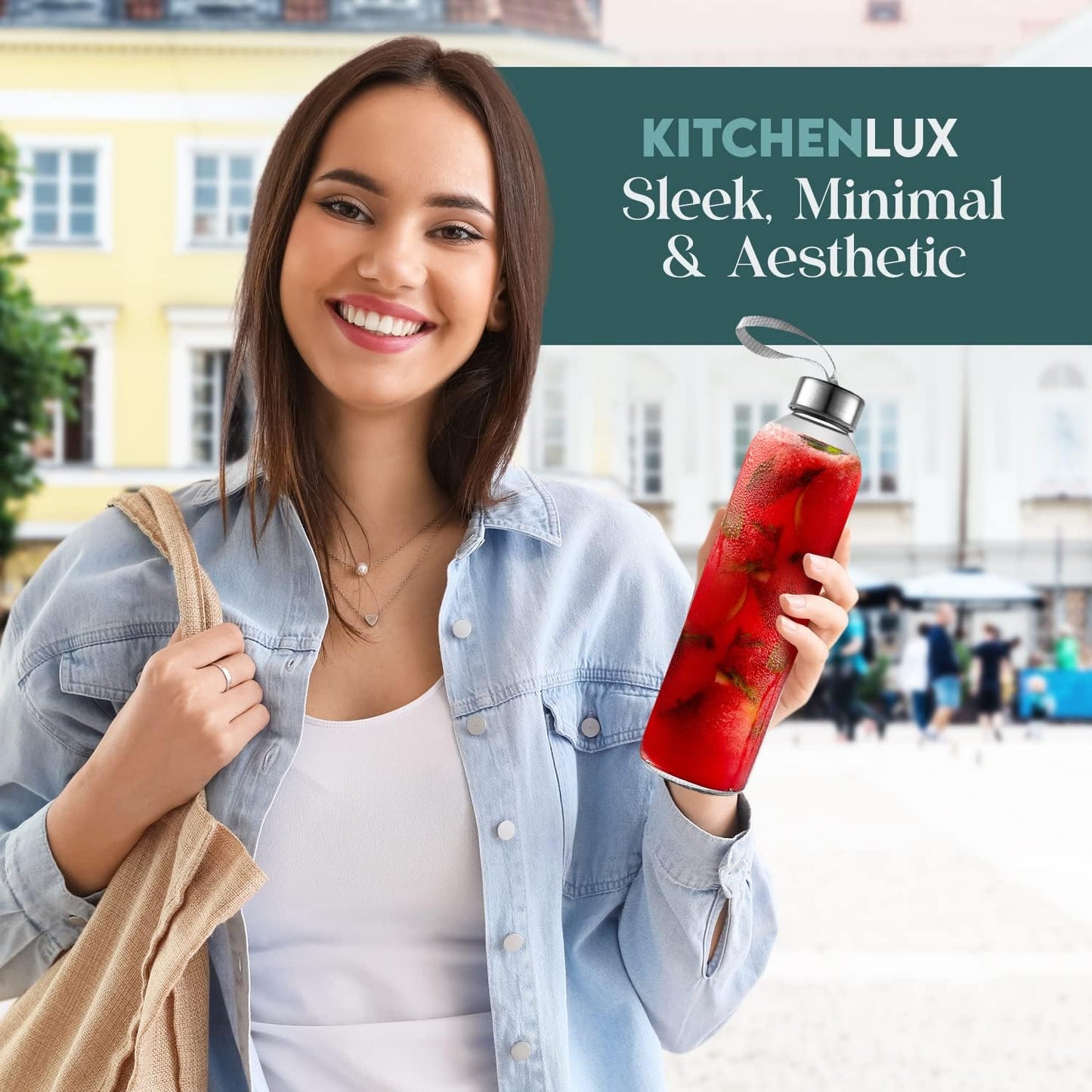 24oz Glass Water Bottles – Pack of 12 - Nylon Protective Sleeves, Airtight Screw Top Lids, Portable Carrying Loops - Lead, PVC and BPA Free - Water, Smoothie, Juicer, and Beverage Glasses