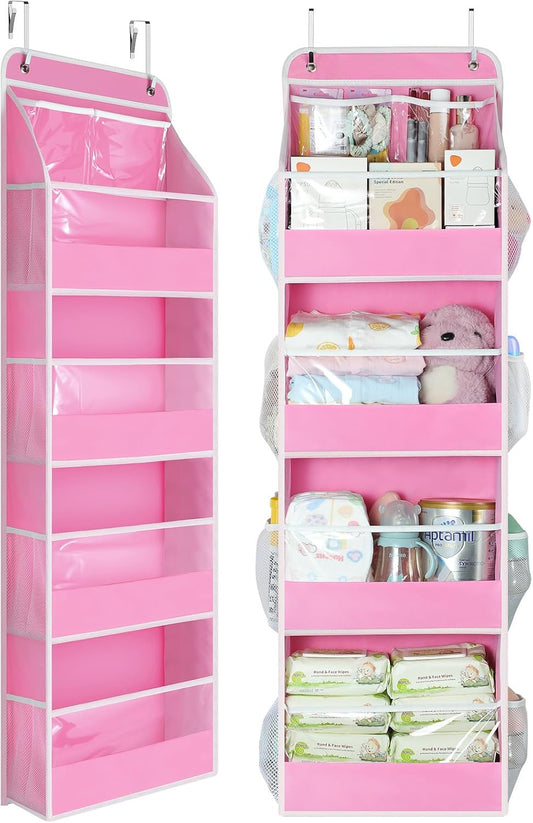 Yecaye 5 Tier Over the Door Organizer, Swing-proof Door Organizer Hanging with Clear PVC Windows, Behind the Door Storage for Bedroom Nursery Closet Laundry Pantry Bathroom, Bubblegum Pink