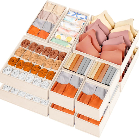 Drawer Organizer Clothes, 16 Pack Dresser Organizer Bins for Baby Clothes, Underwear Sock, Fabric Closet Organization and Storage Dividers for Nursery Bedroom (96 Compartments, Beige)