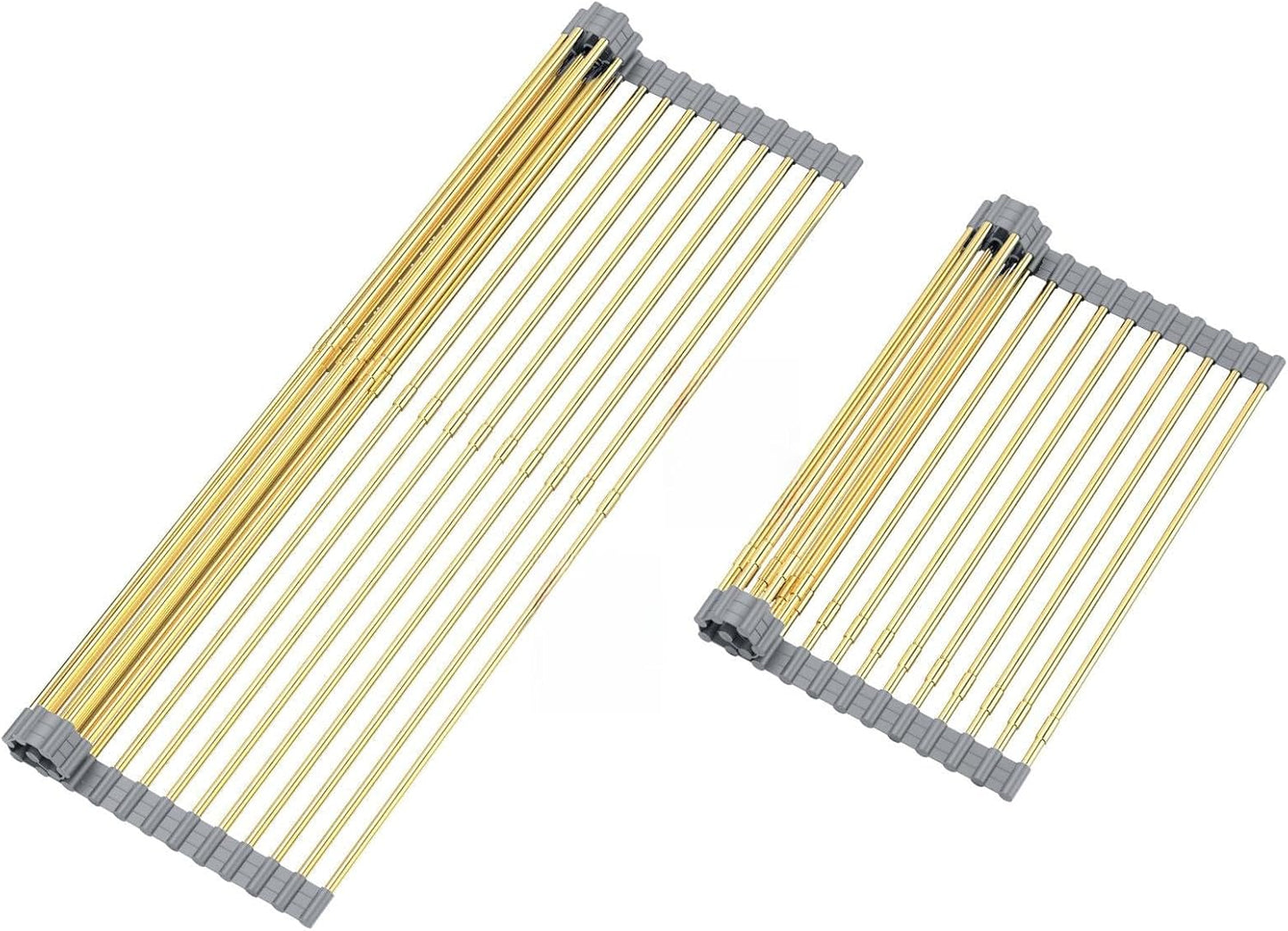 Large Expandable Roll Up Dish Drying Rack, Heat-Resistant Dish Drainer for Stainless Steel Sinks, Over The Sink Non-Slip Silicone Rollable Dish Drainer Roll Rack 18 Tube Gray Silicone & Gold Tube